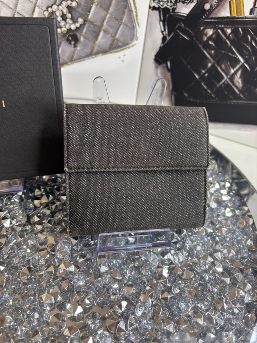 BVLGARI Logo Mania Bifold Wallet made of black denim-like canvas & leather EUC - Picture 5 of 17